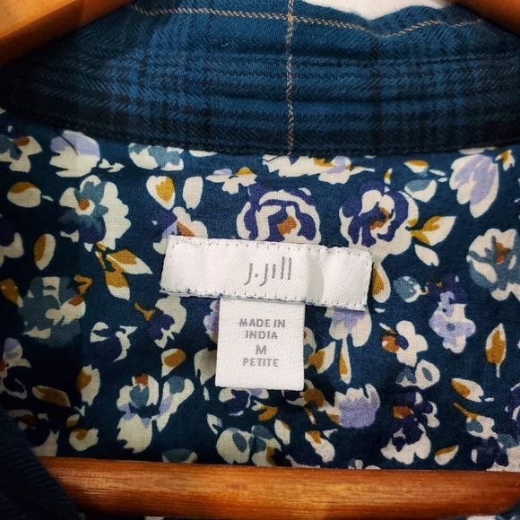 J. Jill Shirt Dress Plaid Floral Cotton Gauzy Button Front Flip Cuff Pockets MP - Picture 6 of 13
